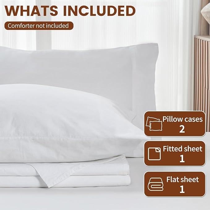 100% Linen Sheets King Size,Breathable & Durable 4-Piece Bed Flax Sheet Set,Soft All-Season Bedding for Hot Sleepers 16" Deep Pocket Oeko-TEX Certified,（King, White）