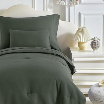 Toddler Bedding Set - 5 Piece Soft and Breathable Toddler Bed Set for Boys and Girls, Includes Quilted Comforter, Fitted Sheet, Flat Top Sheet, Standard Pillowcase and Toddler Pillowcase, Dark Green
