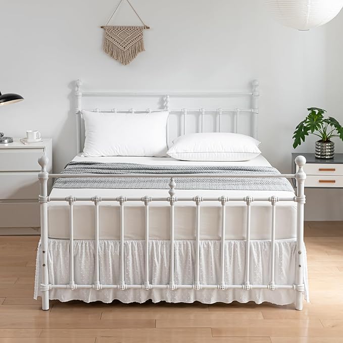 Tufted Dot Bed Skirt King Size Ruffled Bed Skirt with Split Corners, 18 Inch Drop Dust Ruffle Bed Skirts with Platform, White