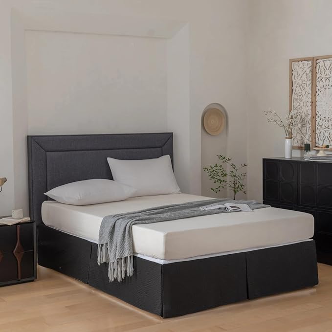 King Bed Skirt, Wrap Around Bed Skirt with Pleated Corner, 18 Inch Drop Pleated Waffle Weave Bedskirts, Anti-Slip, Microfiber, Black, 18'' King