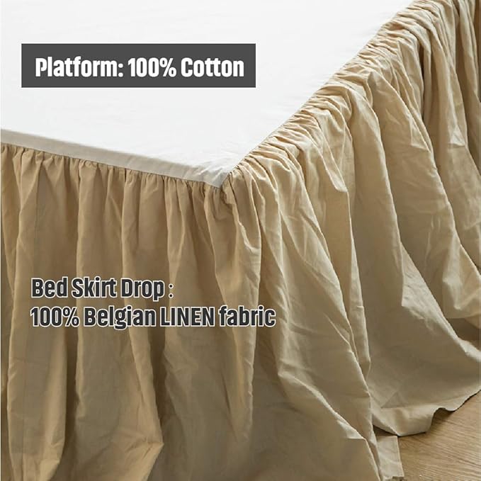 Simple&Opulence Belgian Linen Bed Skirt with Classic 16 inch Tailored Drop Dust Ruffle, Easy Fit Breathable Premium Natural Flax- Pleated Linen,Queen