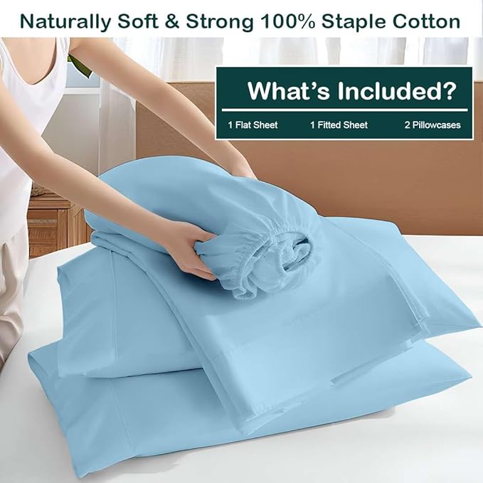 NON Sticky cotton Queen Size Sleeper Sofa Sheets, 4 Piece Egyptian Cotton Bed Sheet Set for Sofa Bed, 7" Deep Pocket for Pull Out Couch Mattress, 60" x 75", Light Blue Solid, Soft & Breathable