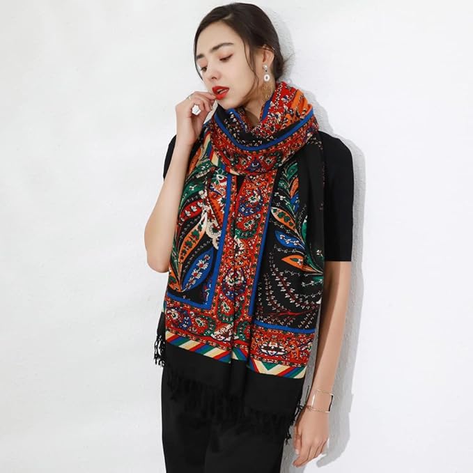 DANA XU 100% Merino Wool Pashmina Shawl for Women 96"x43", Oversized Cashmere Wrap with Tassels, Floral Travel Blanket Cape