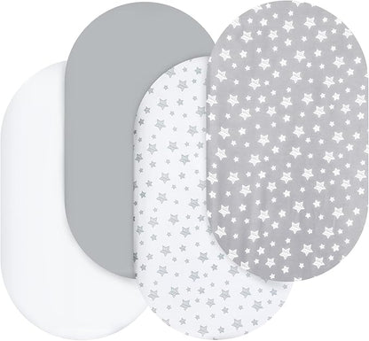 Bassinet Sheets Set 4 Pack for Baby Boy or Girl, Universal Fit for Oval, Hourglass and Rectangular Mattress, Grey