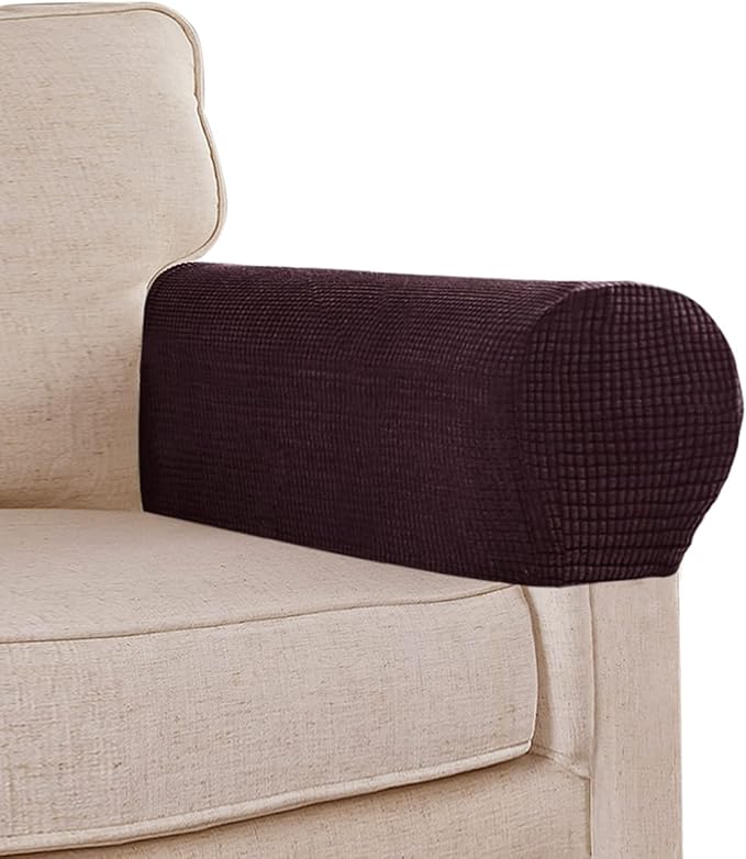 Stretch Sofa Arm Covers Spandex Jacquard Anti-Slip Couch Arm Covers with Sticker Furniture Armrest Protector for Sofa Couch Chair Recliner, Set of 2, Brown