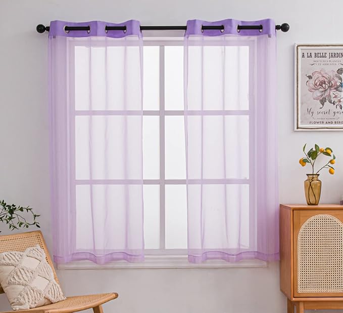 PI Purple Sheer Short Curtains 63 Inches Long with Grommets,Hazy Sheer Voile Curtain for Home Decoration/Girls Room 2 Panels (W42 X L63, Purple)