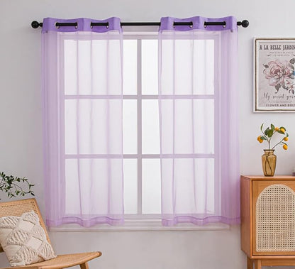 PI Purple Sheer Short Curtains 63 Inches Long with Grommets,Hazy Sheer Voile Curtain for Home Decoration/Girls Room 2 Panels (W42 X L63, Purple)