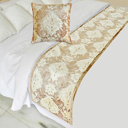 The HomeCentric King/Queen/Twin Beige Luxury CA King 86"x18" Bed Runner with One Pillow Cover, Damask Bed Scarf on Velvet Fabric - Emmeline