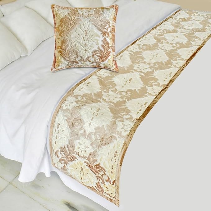The HomeCentric King/Queen/Twin Beige Luxury Twin 53"x18" Bed Runner with Two Pillow Cover, Damask Bed Scarf on Velvet Fabric - Emmeline