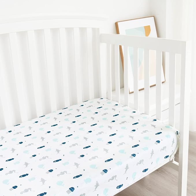 Crib Sheets for Boys or Girls 4 Pack, Baby Crib Sheets 52'' x 28'' for Standard Crib & Toddler Mattress, Soft and Breathable Material, Baby Crib Sheet Neutral, Grey Dinosaurs & Ocean