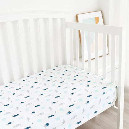 Crib Sheets for Boys or Girls 4 Pack, Baby Crib Sheets 52'' x 28'' for Standard Crib & Toddler Mattress, Soft and Breathable Material, Baby Crib Sheet Neutral, Grey Dinosaurs & Ocean