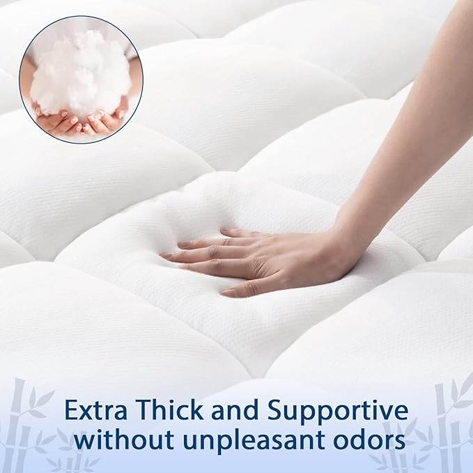 ELEMUSE Twin XL Cooling Bamboo Viscose Mattress Topper for College Dorm, Extra Long Twin Mattress Pad Cover for Back Pain, Soft Pillowtop with Elastic Deep Pocket, Overfilled Down Alternative Filling