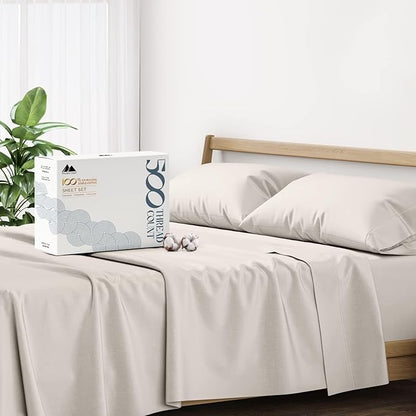 Mayfair Linen 100% Cotton Bed Sheets Queen Set - 500 Thread Count Cotton Sheets for Queen Size Bed, 4 PC Set (Taupe), Ultra Soft, Cooling, Sateen Weave 16" Deep Pocket Bedsheet for Hot Sleepers