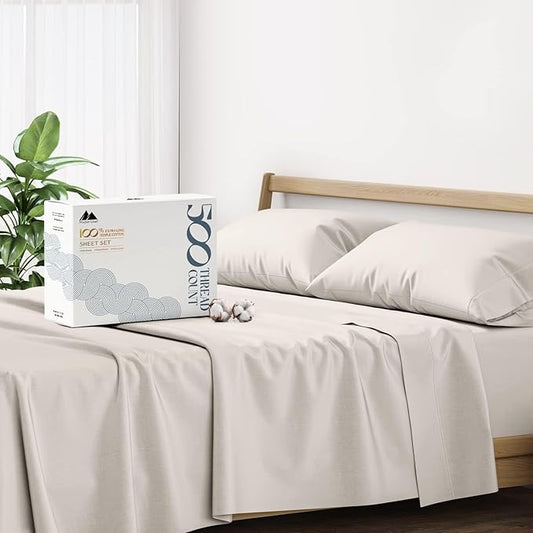 Mayfair Linen 100% Cotton Bed Sheets Queen Set - 500 Thread Count Cotton Sheets for Queen Size Bed, 4 PC Set (Taupe), Ultra Soft, Cooling, Sateen Weave 16" Deep Pocket Bedsheet for Hot Sleepers