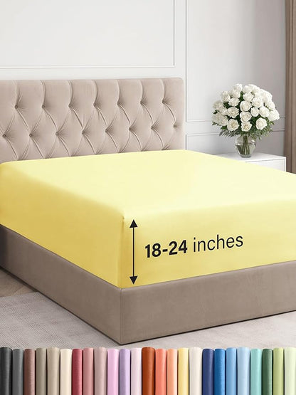 Extra Deep Cal King Fitted Sheet - Hotel Luxury Single Fitted Sheet Only - Easily Fits 18 inch to 24 inch Mattress - Ultra Soft, Wrinkle & Fade Free w/Extra Deep Pockets - Breathable & Comfy - Yellow
