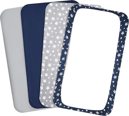 Pack and Play Sheets Boys, 4 Pack Mini Crib Sheets, Stretchy Pack and Play Playard Fitted Sheet, Compatible with Graco Pack n Play, Soft and Breathable Material, Navy
