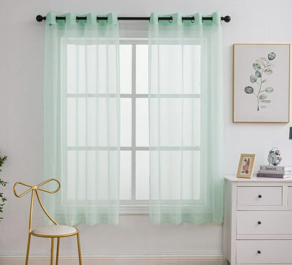 PI Green Sheer Voile Curtains Panels,Ring Top Natural Window Draperies for Outdoor/Yard 2 Panels (W52 X L72, Mint Green)