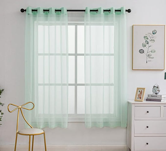 PI Green Sheer Voile Curtains Panels,Ring Top Natural Window Draperies for Outdoor/Yard 2 Panels (W52 X L72, Mint Green)