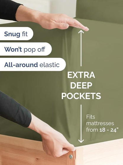 Extra Deep King Fitted Sheet - Hotel Luxury Single Fitted Sheet Only - Easily Fits 18 inch to 24 inch Mattress - Ultra Soft, Wrinkle & Fade Free w/Extra Deep Pockets - Breathable & Comfy - Sage Green