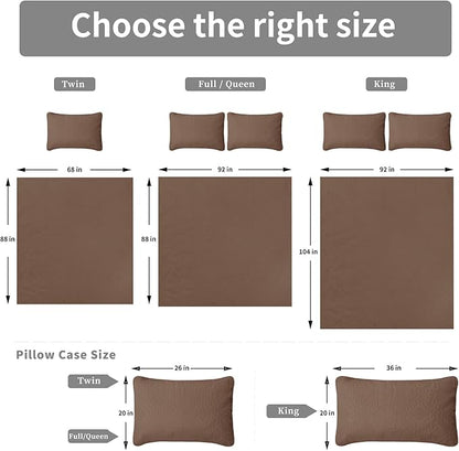 Easy-Going King Size Reversible Quilt Set with 1 Quilt and 2 Pillow Shams, Soft Bed Quilt Cover, Water Resistant Lightweight Microfiber Bedspread, Stain Resistant, Olive Leaf-Brown/Beige