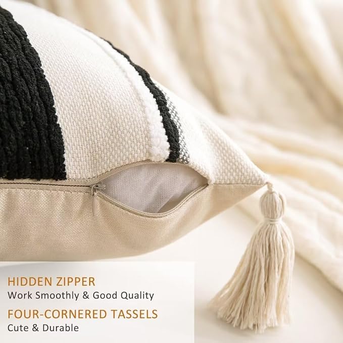 Boho Throw Pillow Covers 18x18 Set of 2 Woven Tufted Farmhouse Pillows Cover with Tassels Textured Stripe Cushion Case Neutral Pillow Cases Decorative Pillowcase for Couch,Black and White