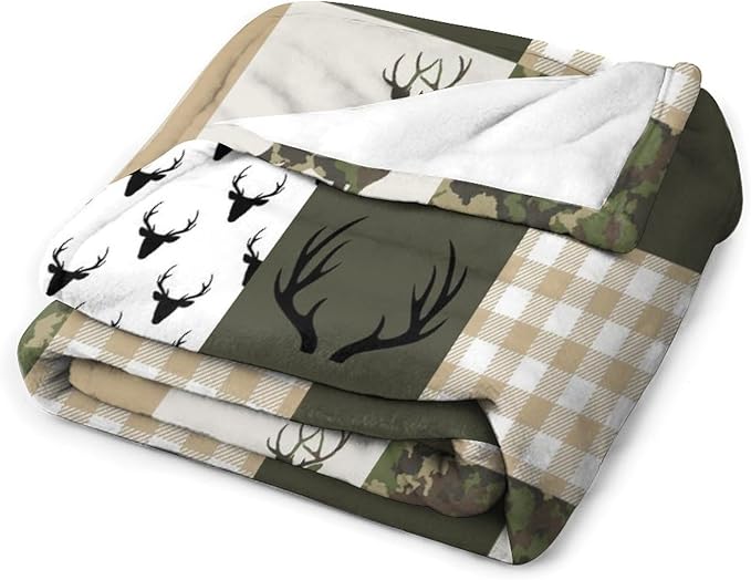 Camouflage Deer Blanket, Vintage Camo Green Beige Plaid Rustic Cabin Wildlife Hunting Blankets for Mens Room Bed Sofa, 30"x40"
