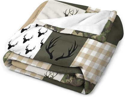 Camouflage Deer Blanket, Vintage Camo Green Beige Plaid Rustic Cabin Wildlife Hunting Blankets for Mens Room Bed Sofa, 30"x40"