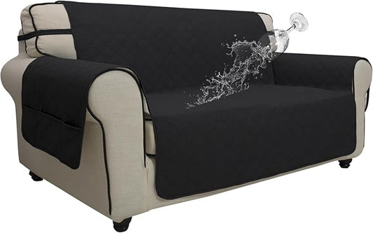 Easy-Going Waterproof Oversized Loveseat Covers Leakproof Couch Cover for 2 Cushion Couch Sofa Cover Washable Sofa Slipcover Non-Slip Furniture Protector with Pocket for Pets (Medium-XL, Black)