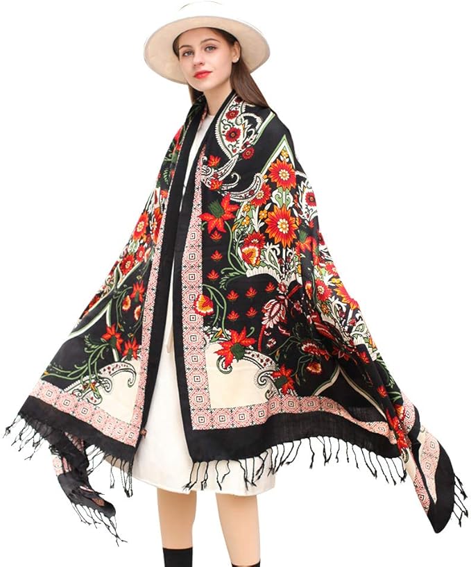 DANA XU 100% Merino Wool Pashmina Shawl for Women 96"x43", Oversized Cashmere Wrap with Tassels, Floral Travel Blanket Cape