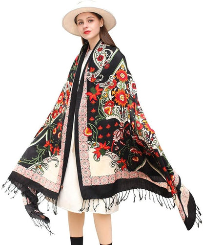 DANA XU 100% Merino Wool Pashmina Shawl for Women 96"x43", Oversized Cashmere Wrap with Tassels, Floral Travel Blanket Cape