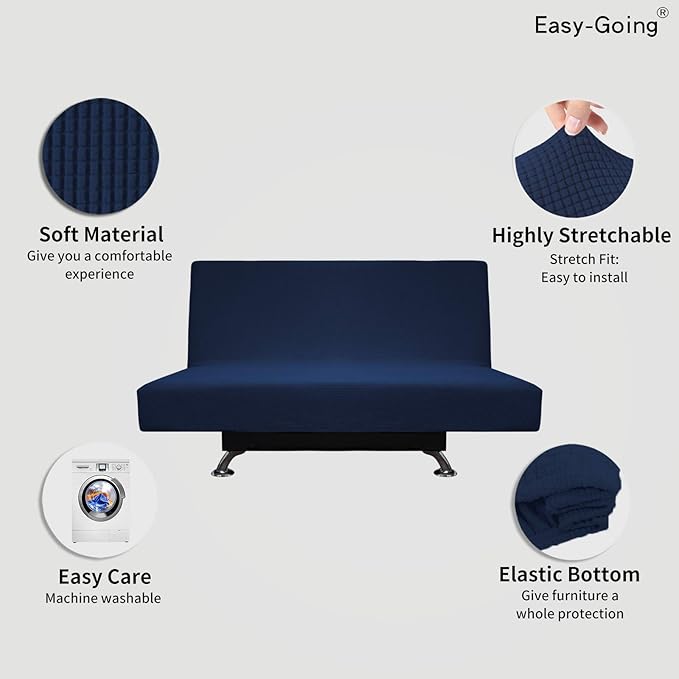 Easy-Going Stretch Futon Slipcover Armless Futon Bed Cover Furniture Protector Without Armrests with Elastic Bottom for Kids, Soft Jacquard Fabric Small Checks (Medium, Navy)