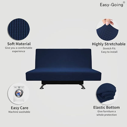 Easy-Going Stretch Futon Slipcover Armless Futon Bed Cover Furniture Protector Without Armrests with Elastic Bottom for Kids, Soft Jacquard Fabric Small Checks (Medium, Navy)
