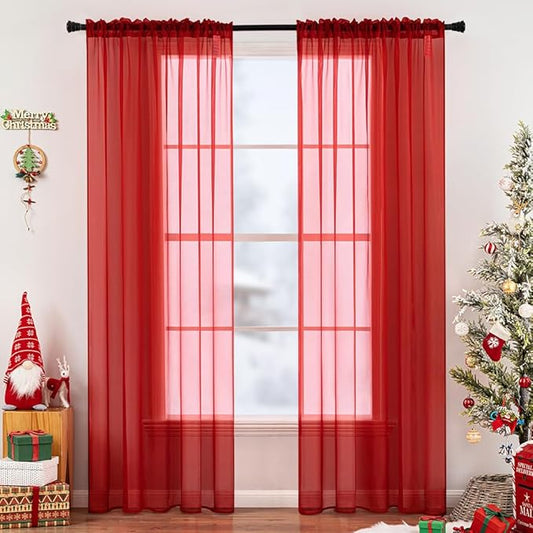 MIULEE 2 Panels Red Solid Color Sheer Christmas Window Curtains Elegant Window Voile Panels/Drapes/Treatment for Bedroom Living Room (54X108 Inches)
