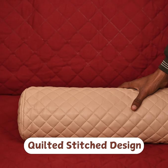 Neck Roll Pillow Cushion Cover, 14x5 Inch Full Moon Round Bolster Pillow Case, Cylinder Soft Lambskin Leather Pillowcase for Head, Spine & Neck Support During Sleep - Quilted Beige Pack of 1