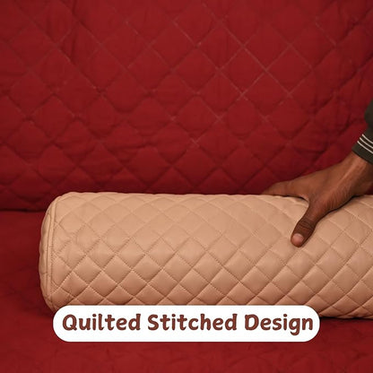 Neck Roll Pillow Cushion Cover, 14x5 Inch Full Moon Round Bolster Pillow Case, Cylinder Soft Lambskin Leather Pillowcase for Head, Spine & Neck Support During Sleep - Quilted Beige Pack of 1