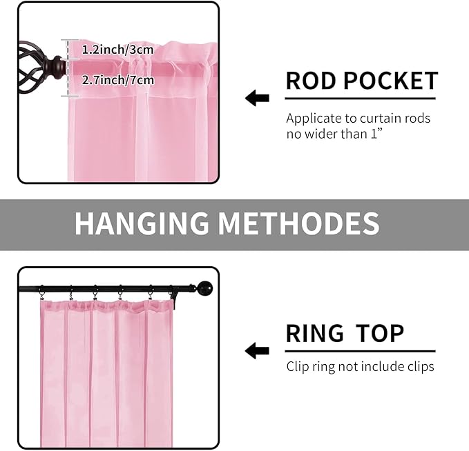 Sheer Curtains 63 Inches Long 2 Panels, Rod Pocket Short Curtain for Kitchen, Bedroom, Cafe Window(Pink 38" W x 63" L)