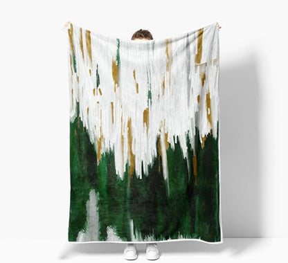 Abstract Ombre Throw Blankets, Modren Chic Art Oil Painting Cozy Warm Bed Couch Blanket, Dark Green Gold White Fleece Flannel Throws to Decorate The Room and Bedroom