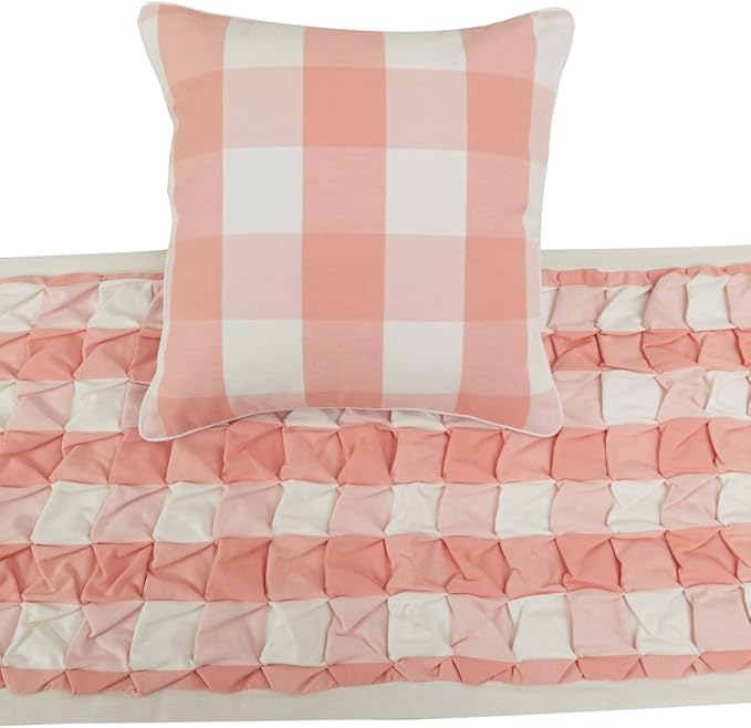 The HomeCentric King/Queen/Twin Peach Pink Decorative King 90"x18" Bed Runner Without Pillow Cover, Textured & Buffalo Checks Bed Scarf on Cotton Fabric - Buffalo Plaid Peach