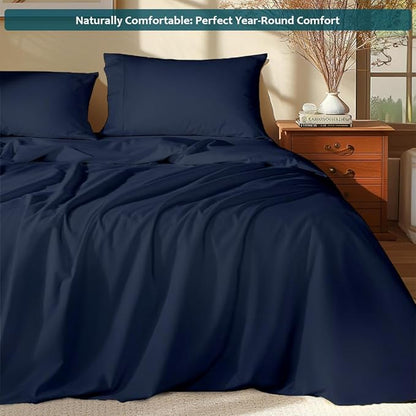 Olympic Queen Sheet Set – 100% Egyptian Cotton, 338 Thread Count – 4-Piece Luxury Super Queen Sheets – Soft & Breathable – 16” Deep Pocket Fitted Sheet, 1 Flat Sheet, 2 Pillowcases (Navy Blue Solid)