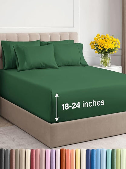 Extra Deep Full Sheet Set - 6 Piece Breathable and Cooling Sheets - Hotel Luxury Bed Sheets Set - Easy Fit - Soft, Wrinkle Free and Comfy Sheets Set - Emerald Green Sheet Set with Extra Deep Pockets