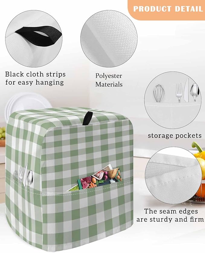 Green Plaid Stand Mixer Dust Cover with Storage Pocket & Handles, Fits All Tilt Head & Bowl Lift Modern Minimalism Kitchen Appliance Cover Organizer Buffalo Checked Art Bag Accessories, 6-8 Quart
