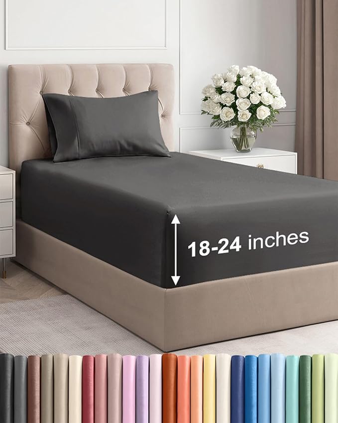 Extra Deep Pocket Twin Sheets - 3 Piece Breathable & Cooling Bed Sheets - Hotel Luxury Bed Sheet Set - Soft, Wrinkle Free & Comfy - Easily Fits Extra Deep Mattresses - Deep Pocket Charcoal Sheets Set