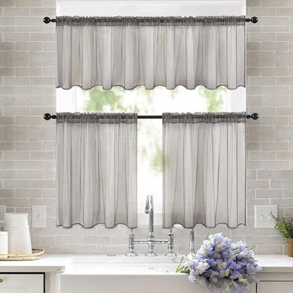 MIULEE 2 Panels Kitchen Tiers Half Window Sheer Curtains Rod Pocket Voile Drapes for Kitchen Bathroom Small Windows 29 by 36 Inch Grey