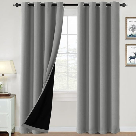 H.VERSAILTEX 100% Blackout Curtains for Bedroom Thermal Insulated Blackout Curtains 96 inch Length Heat and Full Light Blocking Curtains for Living Room with Black Liner 2 Panels Set, Dove Gray
