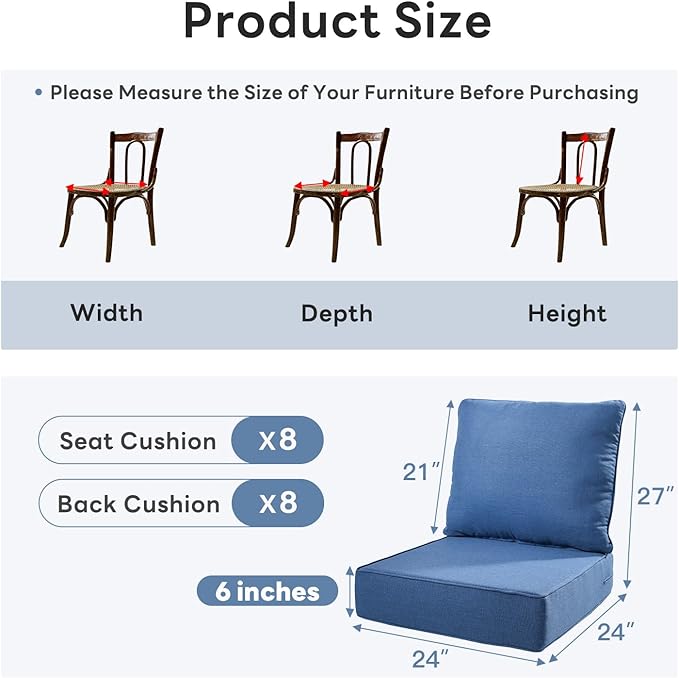 6" Thicker Outdoor Chair Cushion 8 Sets - 24" *24" *6" Waterproof Patio Furniture Cushions with Removable Cover, 28D High Density Sponge Filling Thicken Outdoor Patio Cushions - Blue