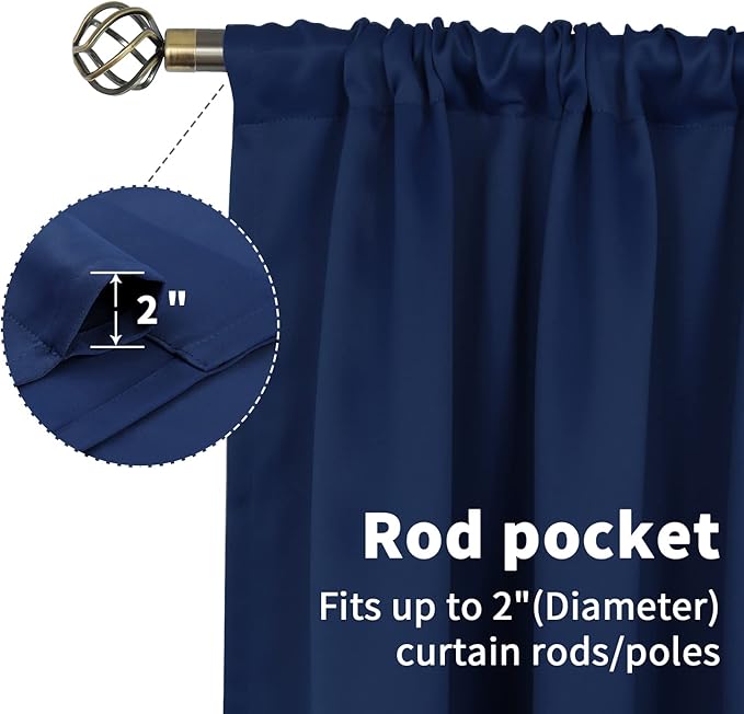 BGment Rod Pocket Blackout Curtains for Bedroom - Thermal Insulated Room Darkening Curtain for Living Room, 52 x 63 Inch, 2 Panels, Navy Blue