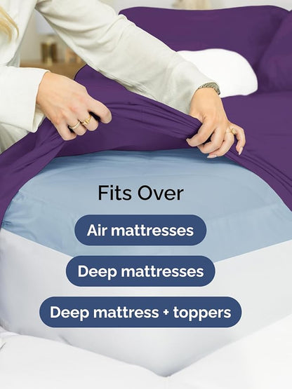Extra Deep Pocket Split King Sheets - 5 Piece Breathable & Cooling Bed Sheets - Hotel Luxury Bed Sheet Set - Soft, Wrinkle Free & Comfy - Easily Fits Extra Deep Mattresses - Deep Pocket Purple Sheets