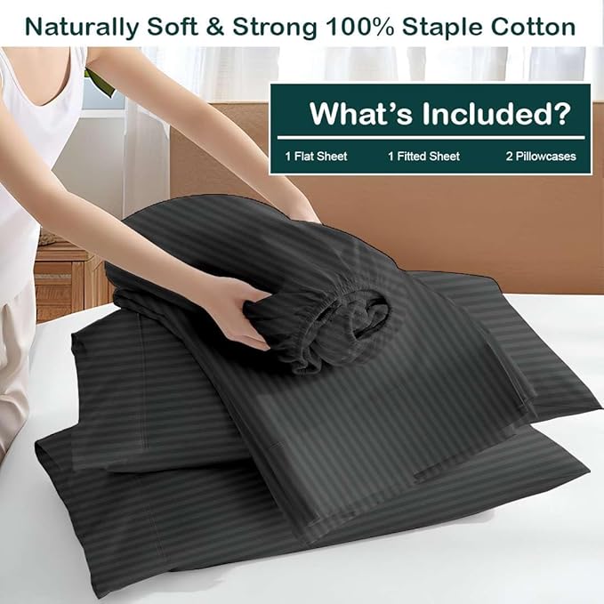 NON Sticky cotton Twin Size Sleeper Sofa Sheets, 4 Piece Egyptian Cotton Bed Sheet Set for Sofa Bed, 10" Deep Pocket for Pull Out Couch Mattress, 39" x 75", Dark Grey Stripe, Soft & Breathable