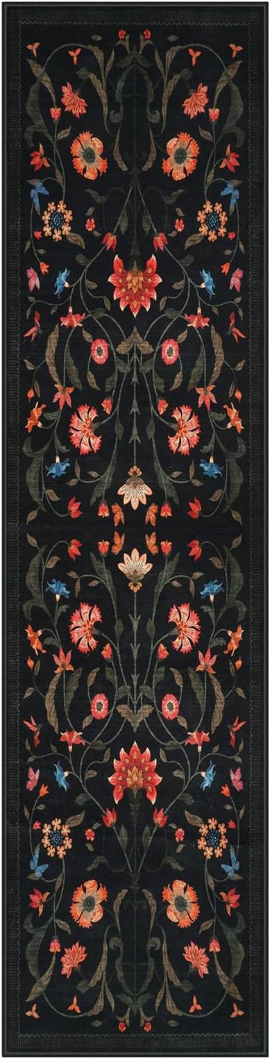 LIVEBOX Black Runners for Hallway - Boho Floral 2'6"x10 Washable Runner Rug, Non-Slip Kitchen Runner Rug, Soft Low-Pile Non-Shedding Carpet Runners for Hallway Entryway Bedroom Bathroom Farmhouse