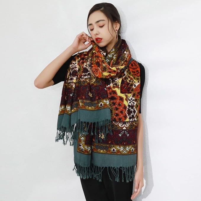 DANA XU 100% Merino Wool Pashmina Shawl for Women 96"x43", Oversized Cashmere Wrap with Tassels, Floral Travel Blanket Cape